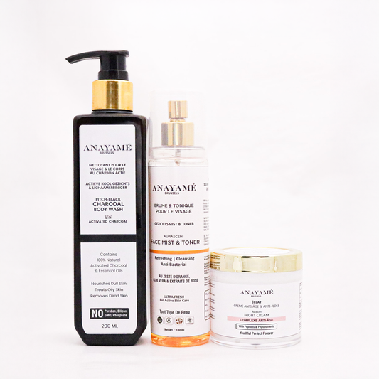 Set Trio - Nettoyant pour le visage & le corps au charbon actif + Brume Tonique pour le visage + Éclat - Crème de nuit anti-âge & anti-rides